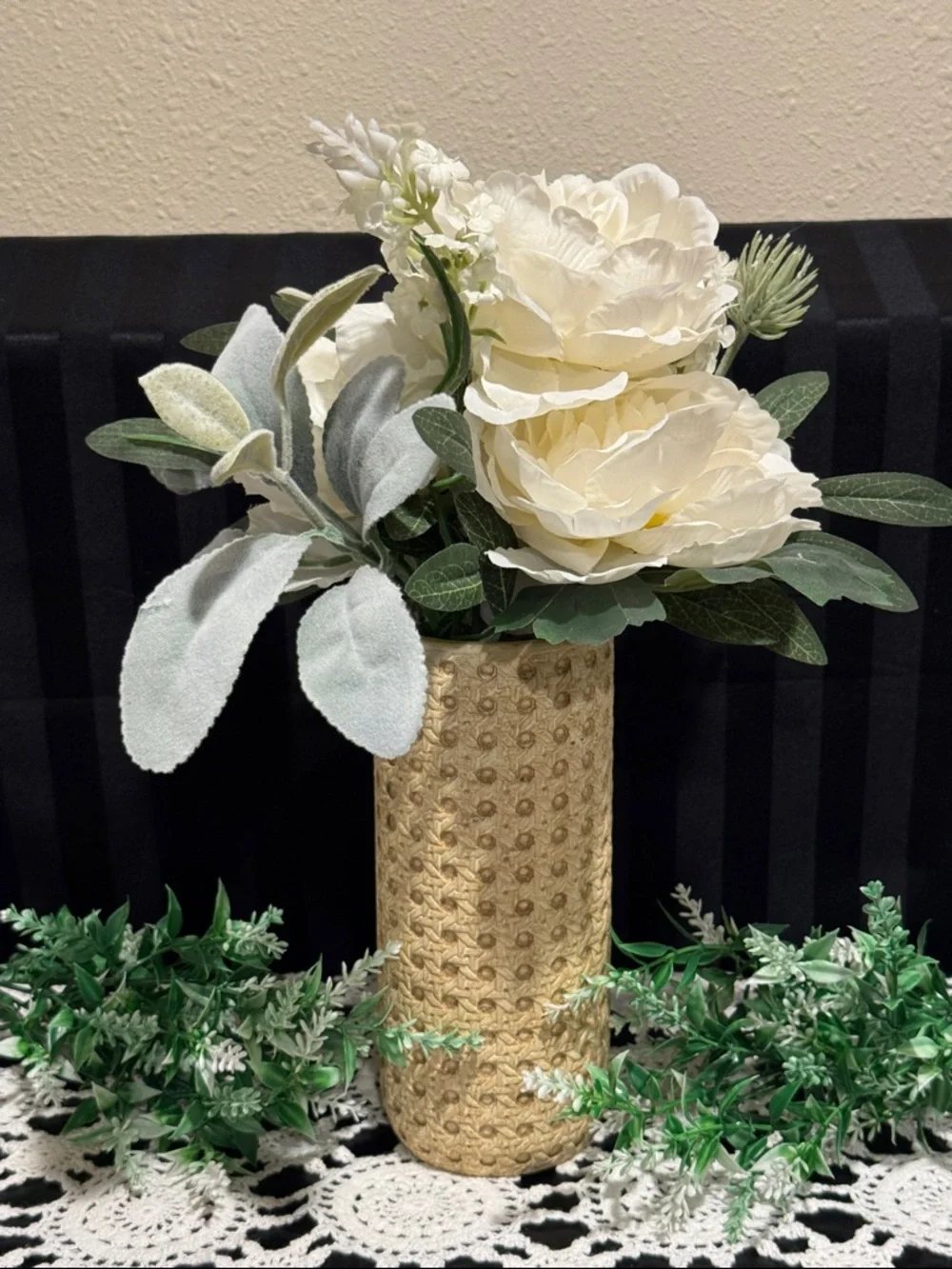 White Faux Peony Arrangement with greenery in a Textured Tan Vase